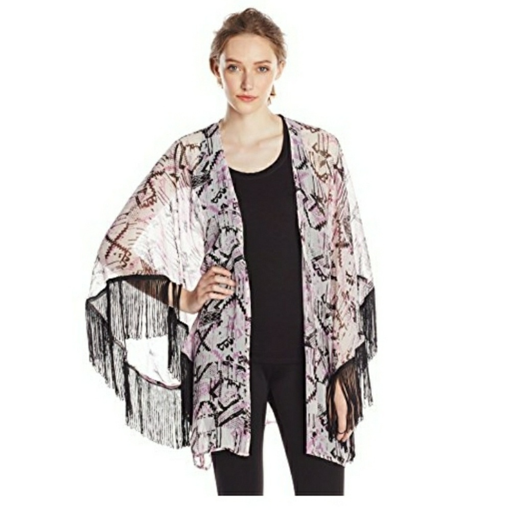 Women's  Wrap Kimono Shawl  Purple Black Fringe
